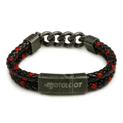 Leather And Steel - Double Cord Black And Red Bracelet^Moto Loot Online