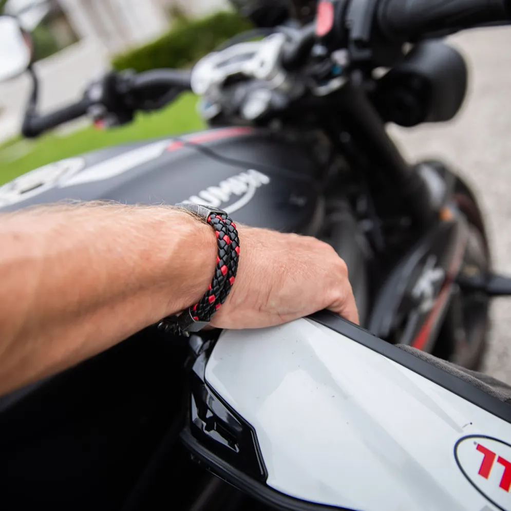 Leather And Steel - Double Cord Black And Red Bracelet^Moto Loot Online