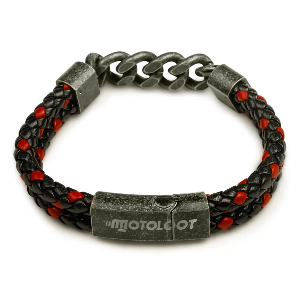 Leather And Steel - Double Cord Black And Red Bracelet^Moto Loot Online