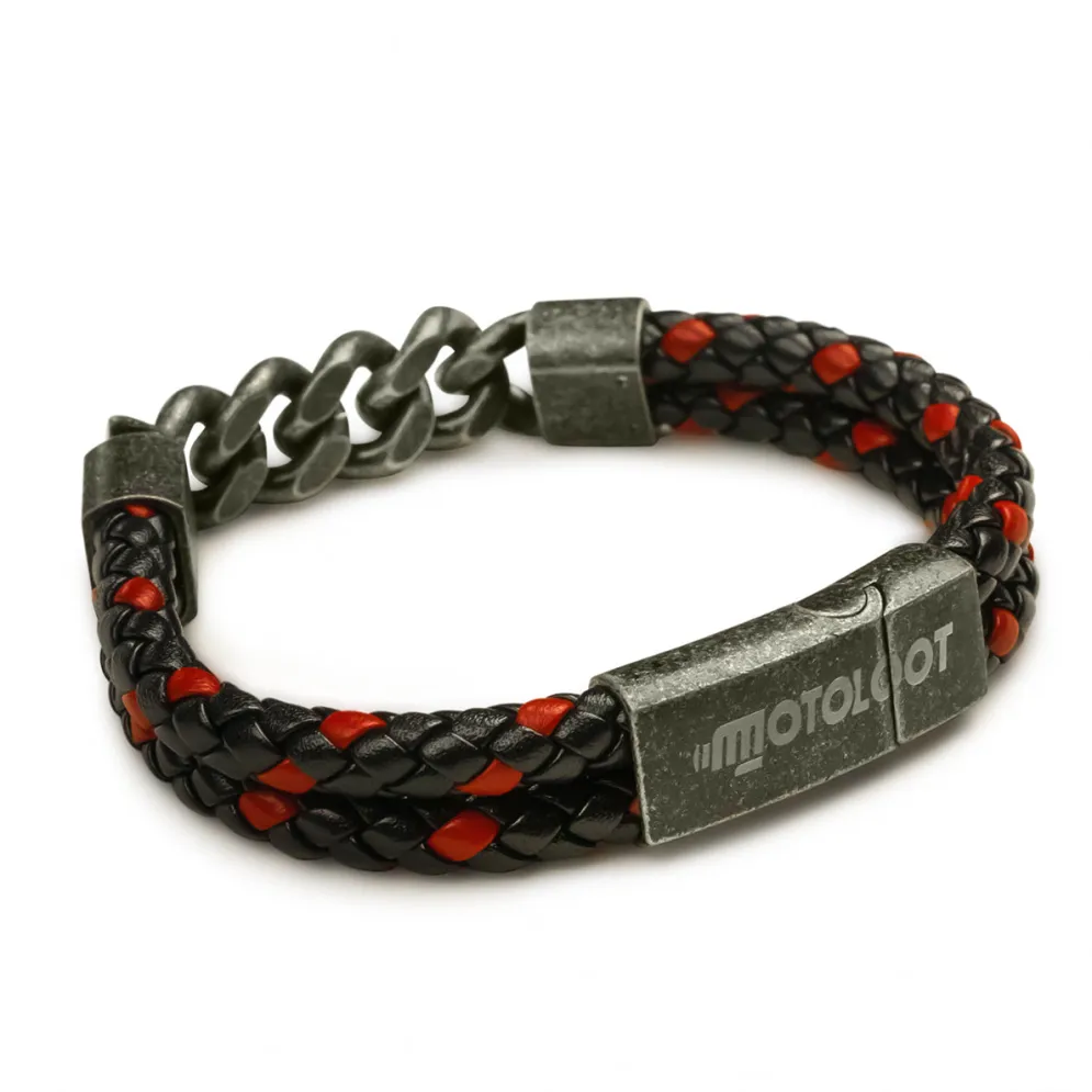 Leather And Steel - Double Cord Black And Red Bracelet^Moto Loot Online